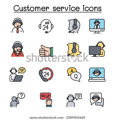 Set of Customer service related vector icon set. contains such icon as support, call center, headset, operator, solve problem, helping and more. in color line style