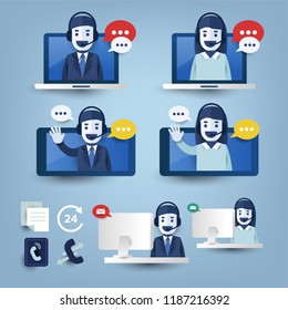 Set of customer service support, call center support and feedback with icon on computer laptop, smartphone  platform. Flat vector illustration  
