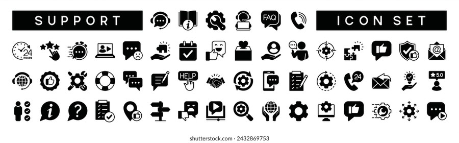 Set of customer service and support icon. Containing assistance, help, satisfaction, settings, care, solution, chat, call, technical, experience, feedback, problem-solving. Vector illustration