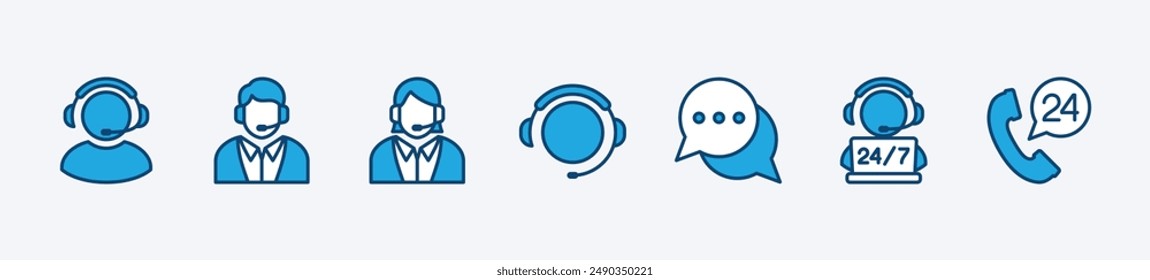 Set of customer service and support icon. Containing assistance, operator, help desk, technical, call center, contact, 24 hour chat answer, guidance, info, message, question, faq. Vector illustration