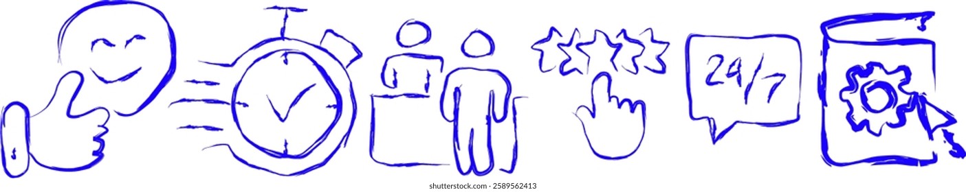 set of Customer Service and Support icons in doodle style. Thin Line Set contains Icons such as Online Help, Help Desk, Quick Response, Feedback and more. Collection of simple web icons.