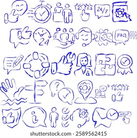 set of Customer Service and Support icons in doodle style. Thin Line Set contains Icons such as Online Help, Help Desk, Quick Response, Feedback and more. Collection of simple web icons.