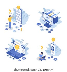 Set of customer support concept with laptop, computer monitor, phone screen and man. Contact us. FAQ. Isometric Vector Illustration.