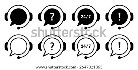 Set of customer support headset icons with speech bubbles, question marks, exclamation points, and 24 7 service text. Perfect for call center, helpdesk, or live chat vector illustrations.