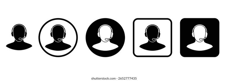 Conjunto de ícones da operadora de atendimento ao cliente com silhueta do fone de ouvido em preto e branco, formas redondas e quadradas