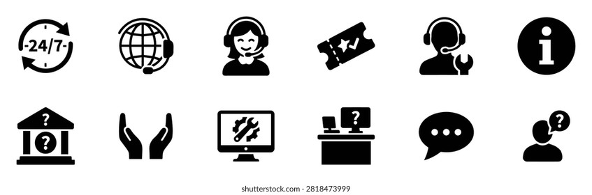 Set of customer support and service icons including support, headset communication, ticket, information, chat, and help symbols on transparent background