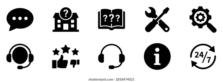 Set of customer support and service icons including chat bubble, help desk, manual, tools, magnifying gear, headphones, ratings, information and service on transparent background