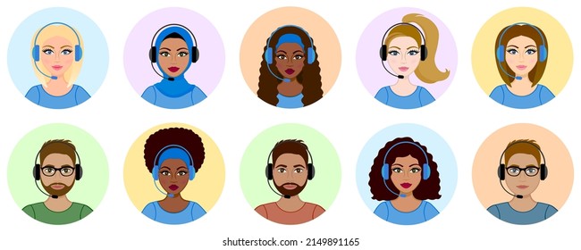 Set of customer support worker avatars. Call center operator icon. Racial diversity. Muslim woman wearing hijab, african woman, hispanic girl. Telemarketing or consultant worker. Headphones