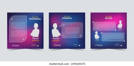 Set of customer testimonials social media template. Blue pink gradient mesh background vector illustration. Modern Banner, flyer, poster vector illustration