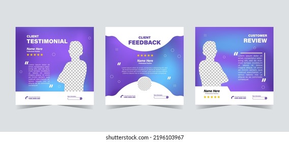 Set of customer testimonials social media template. Blue purple gradient mesh background vector illustration. Modern Banner, flyer, poster vector illustration