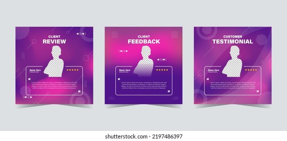 Set of customer testimonials social media template. Purple pink gradient mesh background vector illustration. Modern Banner, flyer, poster vector illustration