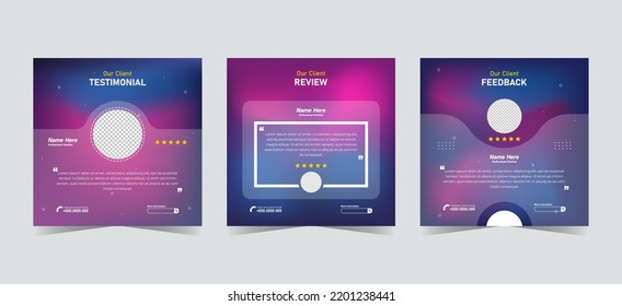 Set of customer testimonials social media template. Purple pink gradient mesh background vector illustration. Modern Banner, flyer, poster vector illustration