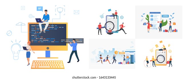 Set of customers buying clothes online. Flat vector illustrations of man and woman shopping on internet. Online shopping concept for banner, website design or landing web page