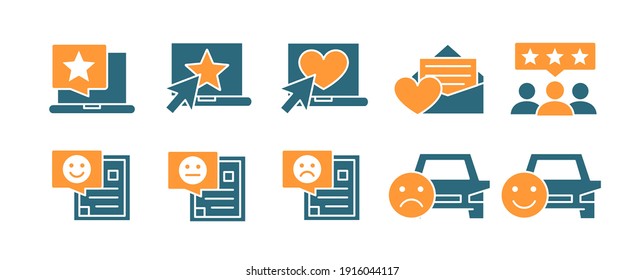 Conjunto de iconos de color de comentarios de los clientes. Calificación, caridad, redes sociales, testimonios y más.