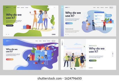 Set of customers purchasing fashionable clothes. Flat vector illustrations of people shopping online. Fashion, online shopping, stylist concept for banner, website design or landing web page