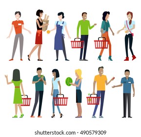Set of customers and sellers characters vector templates. Flat style design. Man and woman making purchases and sell goods. Supermarket personnel, consumer choice and shopping in mall concept. 