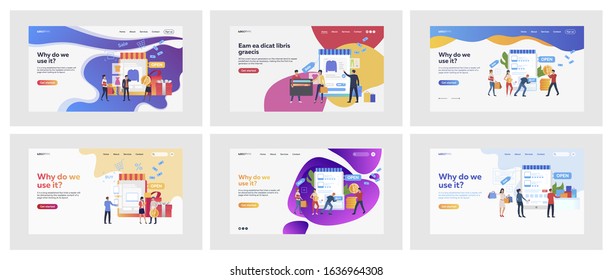 Set of customers shopping clothes online. Flat vector illustrations of people ordering purchases on website. Shopping, sale, electronic commerce concept for banner, website design or landing web page