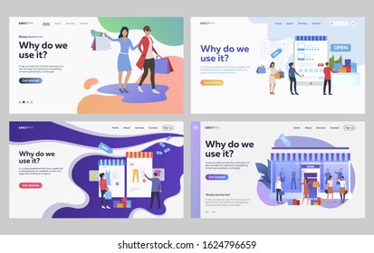 Set of customers shopping fashionable clothes. Flat vector illustrations of people ordering purchases online. Online shopping, fashion, sale concept for banner, website design or landing web page