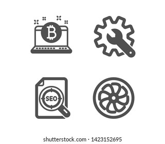 Set of Customisation, Bitcoin and Seo file icons. Fan engine sign. Settings, Cryptocurrency laptop, Search document. Ventilator.  Classic design customisation icon. Flat design. Vector