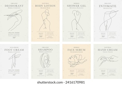 Set of customizable labels of Natural organic herbal woman cosmetics with body line art. Modern packaging design collection for Pharmacy, healthy care. Vector illustration