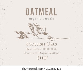 Set of customizable oatmeal labels of Natural healthy food. Cereal oat products packaging templates. Contemporary design for Cosmetics, Pharmacy, bakery. Vector illustration