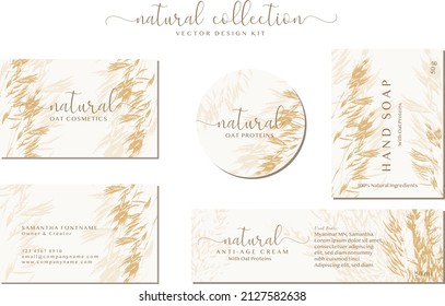 Set of customizable oatmeal labels of Natural healthy food. Cereal oat products packaging templates. Contemporary design for Cosmetics, Pharmacy, bakery. Vector illustration