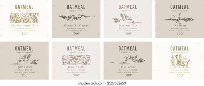 Set of customizable oatmeal labels of Natural healthy food. Cereal oat products packaging templates. Contemporary design for Cosmetics, Pharmacy, bakery. Vector illustration