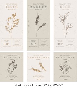 Set of customizable oatmeal labels of Natural healthy food. Cereal oat products packaging templates. Contemporary design for Cosmetics, Pharmacy, bakery. Vector illustration