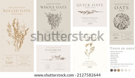 Set of customizable oatmeal labels of Natural healthy food. Cereal oat products packaging templates. Contemporary design for Cosmetics, Pharmacy, bakery. Vector illustration