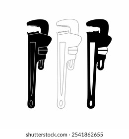 set of customizable pipe wrench line silhouettes arranged side by side in different styles. The design is simple and technical. pipe wrench tool illustration icon on white background