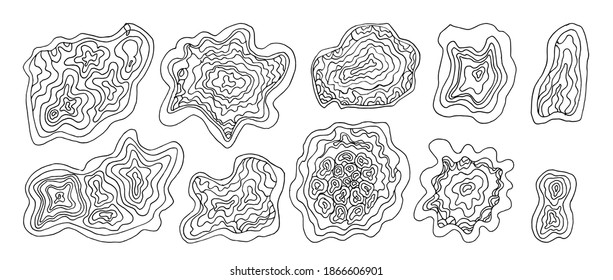 Satz von Amethysten- und Malachitkristallen einzeln auf weißem Hintergrund. Handgezeichnete Vektorgrafik im Doodle-Stil. Sammlung mystischer Mineralien für entspannende Farbseiten