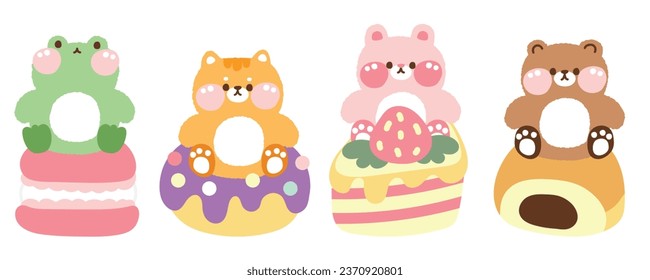 Set of cut animals doll on sweet and dessert bakery.Animal character cartoon design.Frog,rabbit,cat,bear hand drawn.Kawaii.Vector.Illustration.