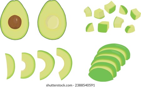 Set of cut avocado, half, dice, slice. Hand drawn vector illustration.