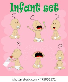 Set of cut cartoon infant who naughty, crying, drinking milk, smiling, Vector