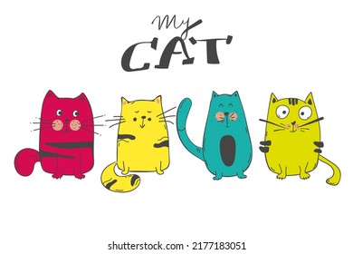Katzenschnitt. Handgezeichnete Katze, flache Illustration mit Kinderzettel, Kinderdekor, Postkarten, Babybekleidung, Kleidung, Plakat. Vektorgrafik. Vektorgrafik