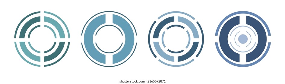 Satz von Schnittkreisen und Ringen Symbol-Diagramme, Cross-Ziele. Farbtöne von Grün und Blau auf weißem Hintergrund, einfache flache Vektorgrafik.