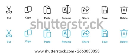 Set of Cut, copy, paste, rename, share, save and delete icon symbol in line style, vector illustration .
