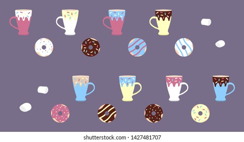 Set of cut cups and donuts vector illustration.