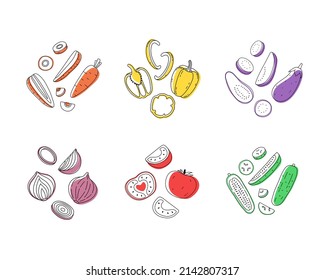 Set cut doodle vegetables. Outline vector illustration
