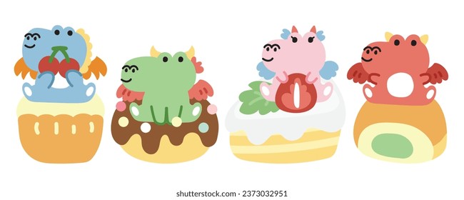 Set of cut dragon doll on bakery.Jurassic animal character cartoon design collection.Strawberry cake,donut,cupcake,bread,sweet,dessert hand drawn.Kawaii.Vector.Illustration.