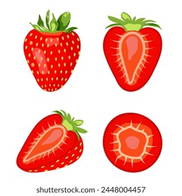 A set of cut fresh strawberries. Vector illustration isolated on white background