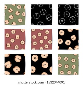 Set of cut in half apples natural drawn seamless patterns wallpapers. Collection of cartoon style decoration background tiles