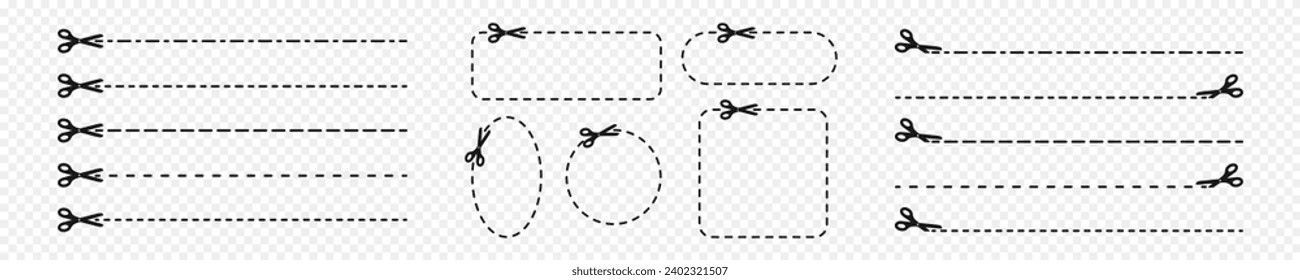 Set of cut here icons. Scissors pictograms with dashed lines and square, circle, oval, rectangle frames isolated on transparent background. Crop, strip or separation signs. Vector graphic illustration