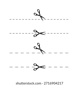 Conjunto de pictogramas cortados aquí. Recortar, tira o signos de separación. Iconos de tijeras con líneas discontinuas aisladas sobre fondo blanco. eps 10 