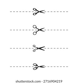 Schnittpiktogramme. Schilder für Zucht, Streifen oder Trennung. Scheren-Symbole mit gestrichelten Linien einzeln auf weißem Hintergrund. 10 EPS 