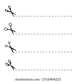 Conjunto de pictogramas cortados aquí. Recortar, tira o signos de separación. Iconos de tijeras con líneas discontinuas aisladas sobre fondo blanco. eps 10 