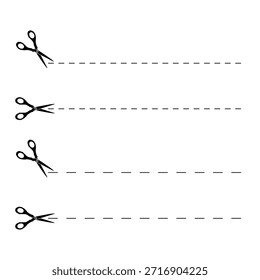 Conjunto de pictogramas cortados aquí. Recortar, tira o signos de separación. Iconos de tijeras con líneas discontinuas aisladas sobre fondo blanco. eps 10 