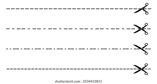 Conjunto de corte aqui linha de tesoura. Ícone de tesoura com linha traço para papel, cupom e comprovante
