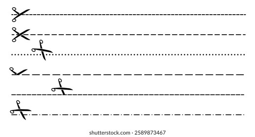 Set of cut here scissors line. Icons of scissors with dash line for paper, coupon and voucher