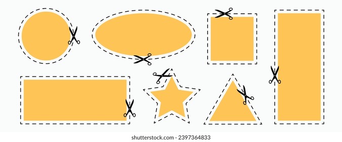 Set of cut here scissors shapes. Icon of scissors with dash line for paper, coupon and voucher